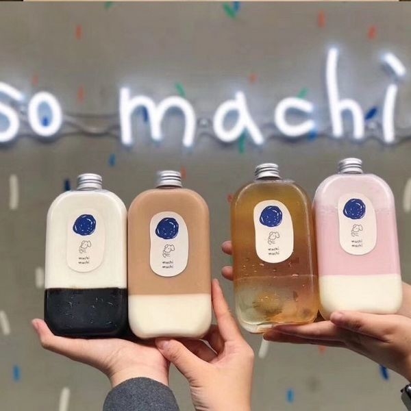 250ml 450ml 500ml PET Customized Transparent square decorative plastic juice coffee tea beverage bottle with cap
