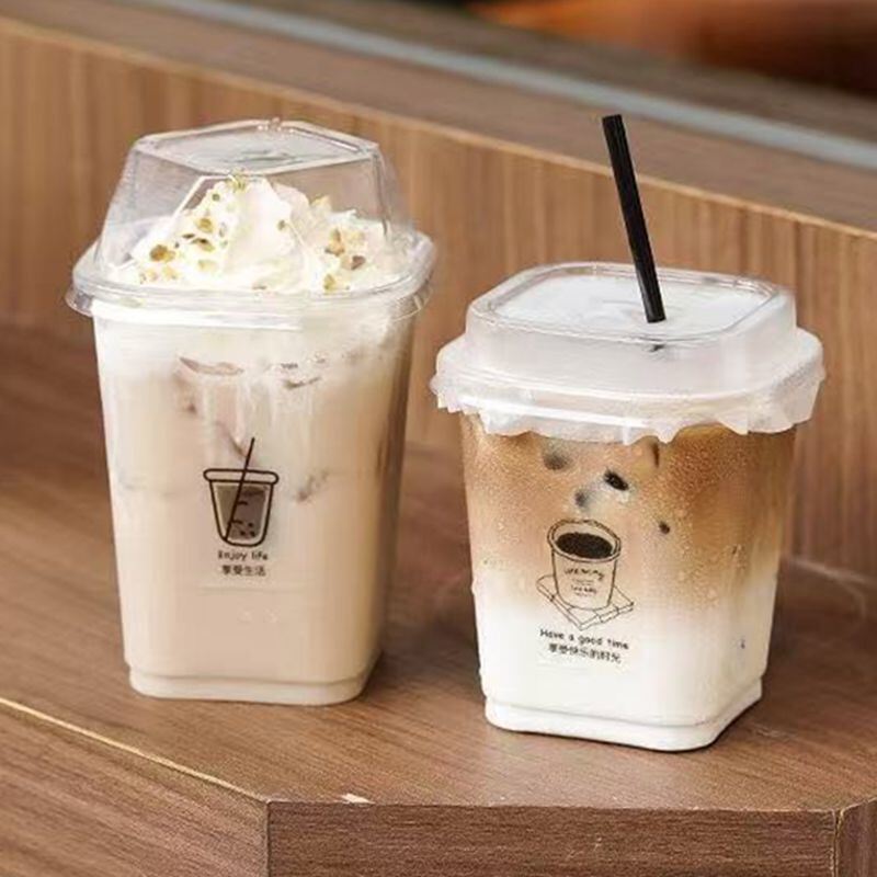 Hot Selling Factory Price Disposable 93mm-10oz 12oz 16oz 20oz Square PET Cups with High Lid Sipper Lid Custom Logo UV Printing