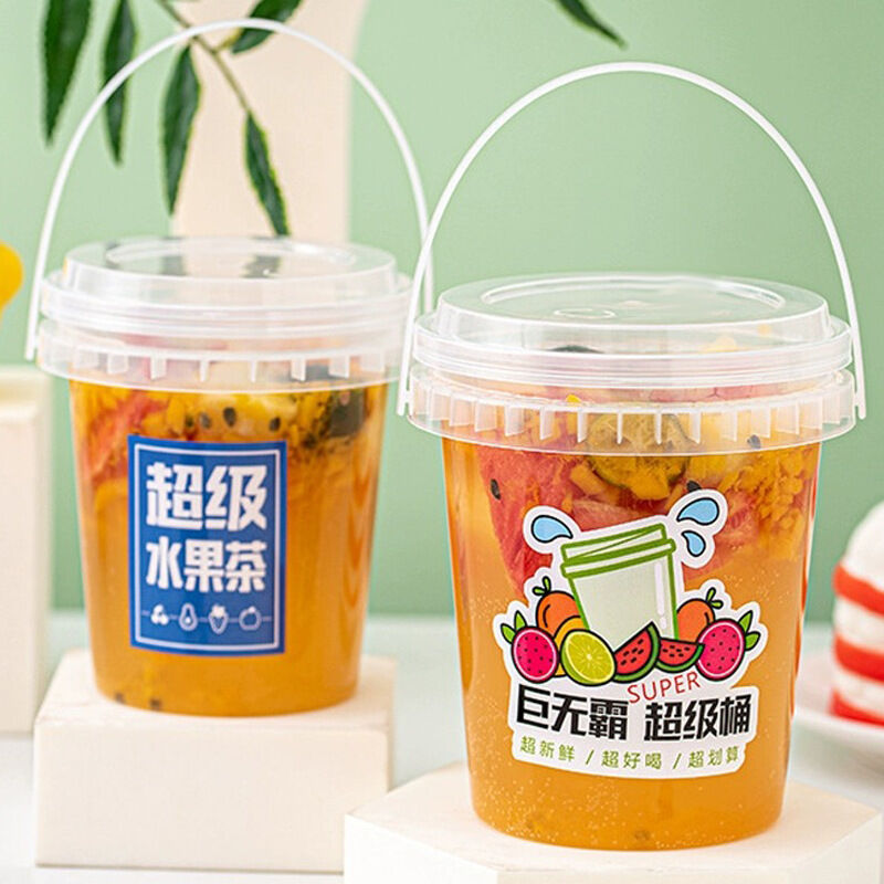 1000ML Giant Fruit Tea Bucket Cup - Disposable Handheld Snack & Drink Container, Large Capacity Boba Milk Tea Tub with Handle