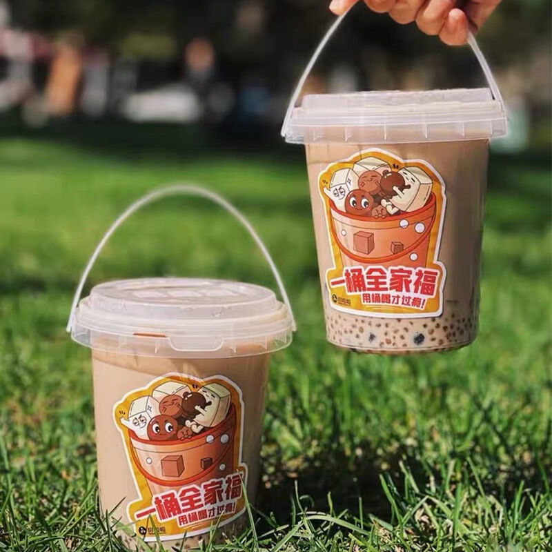 1000ML Giant Fruit Tea Bucket Cup - Disposable Handheld Snack & Drink Container, Large Capacity Boba Milk Tea Tub with Handle