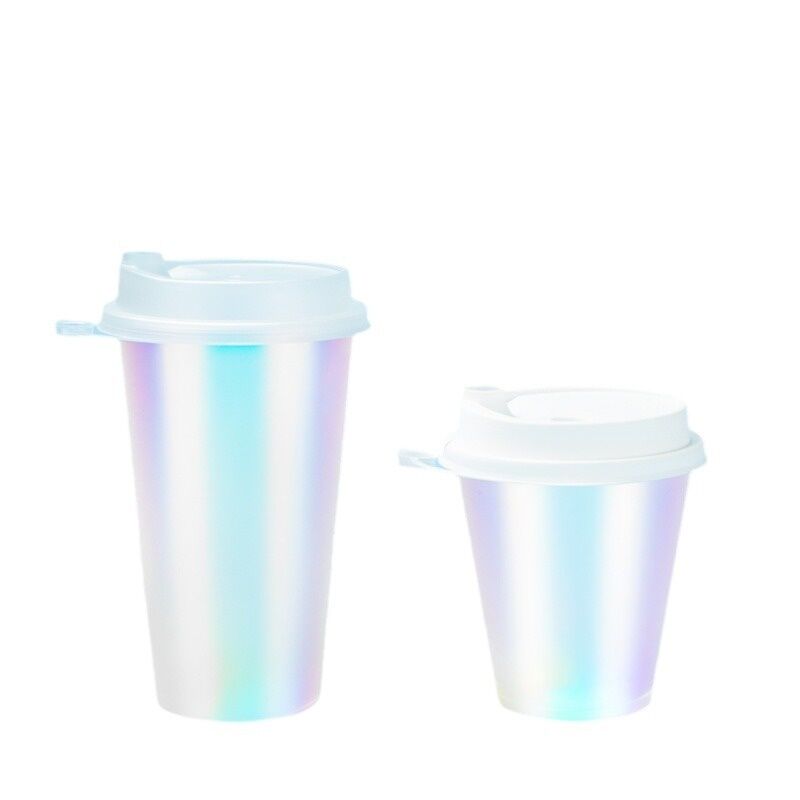 Custom Logo IML Injection Molded Coffee Cups – Rainbow Film Plastic Beverage Cups with Lids, Disposable