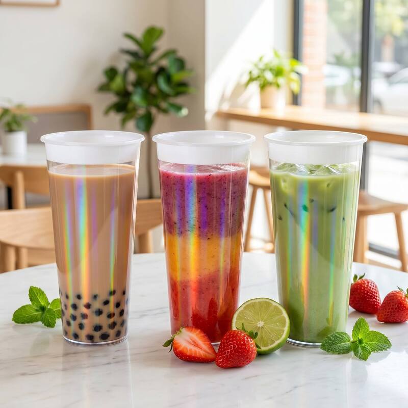 Custom Logo IML Injection Molded Coffee Cups – Rainbow Film Plastic Beverage Cups with Lids, Disposable