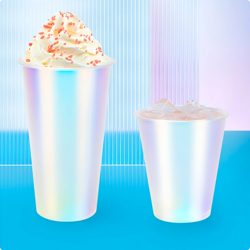 Custom Logo IML Injection Molded Coffee Cups – Rainbow Film Plastic Beverage Cups with Lids, Disposable