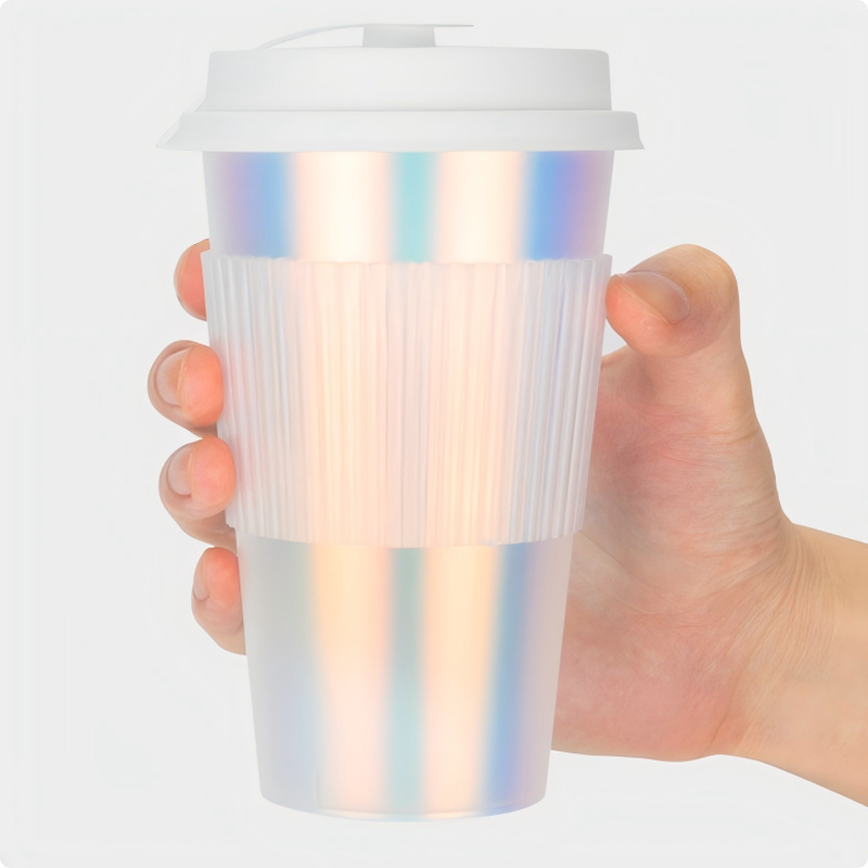 Custom Logo IML Injection Molded Coffee Cups – Rainbow Film Plastic Beverage Cups with Lids, Disposable