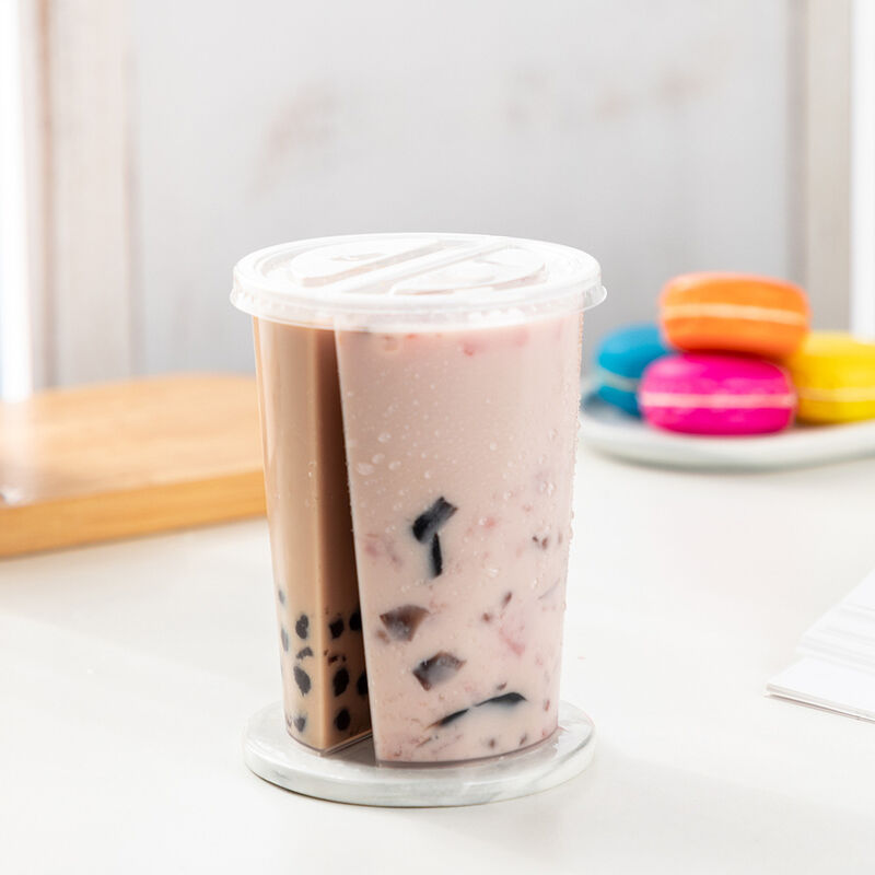 Wholesale 95mm Caliber Dual Compartment Share Cup – Double-Sided Split Plastic Cup with Lid for Boba Tea, Juice & Mixed Beverages