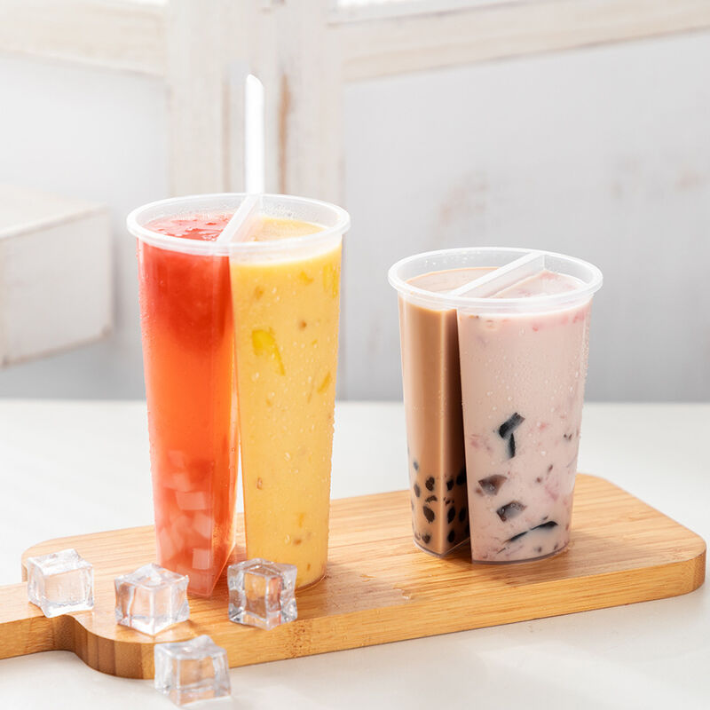 Wholesale 95mm Caliber Dual Compartment Share Cup – Double-Sided Split Plastic Cup with Lid for Boba Tea, Juice & Mixed Beverages