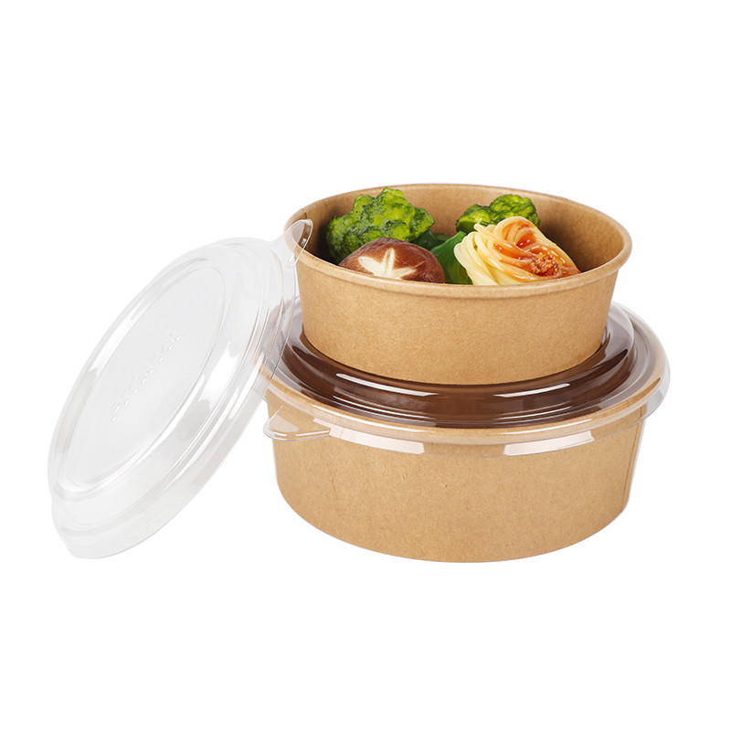 Disposable 350ml Food Packing Container Kraft Paper Salad Bowl With Lid